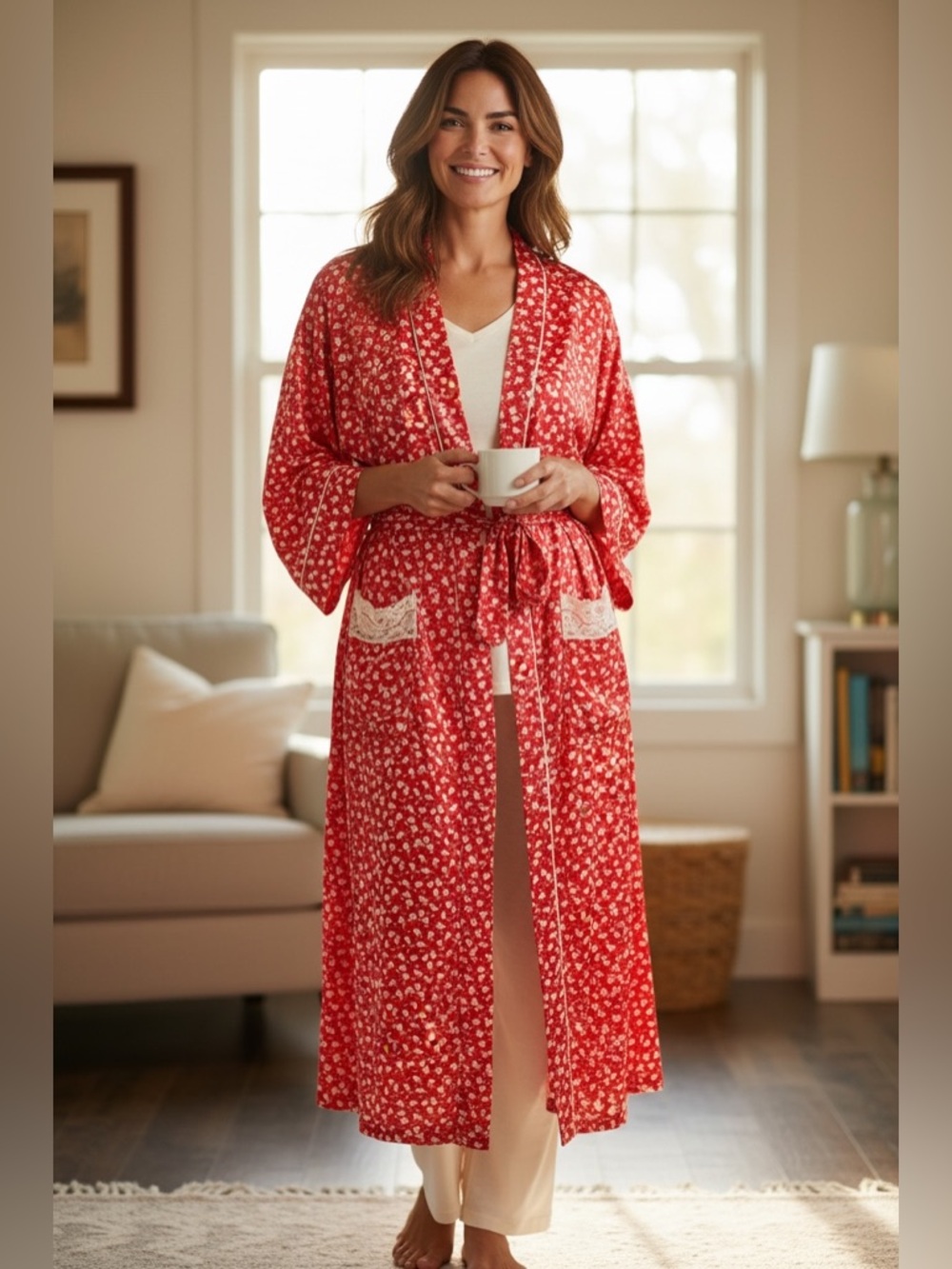 Dior Red Floral Long Robe with Lace-Trim Pockets